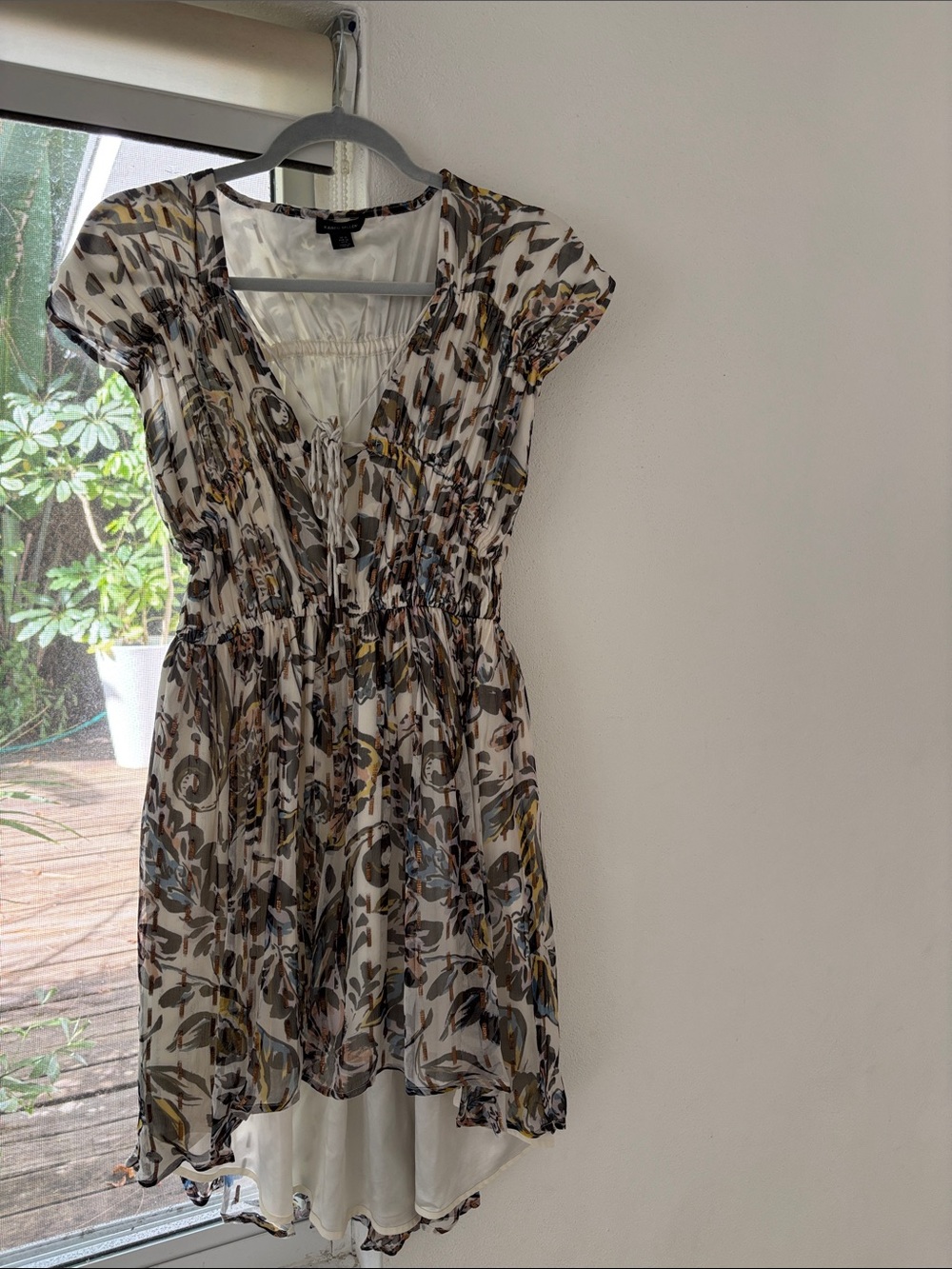 Karen Millen White Floral High-Low Dress with Brown and Yellow Accents